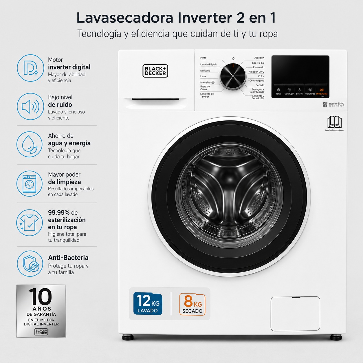Lavasecadora Black+Decker Carga Frontal 12kg BXWDBH15FL Blanco - imagen 8